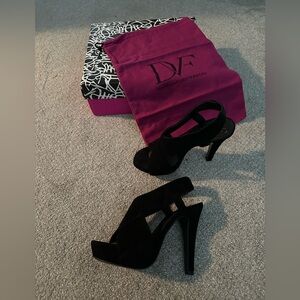 Diane Von Furstenberg criss cross suede heels, black, size 5